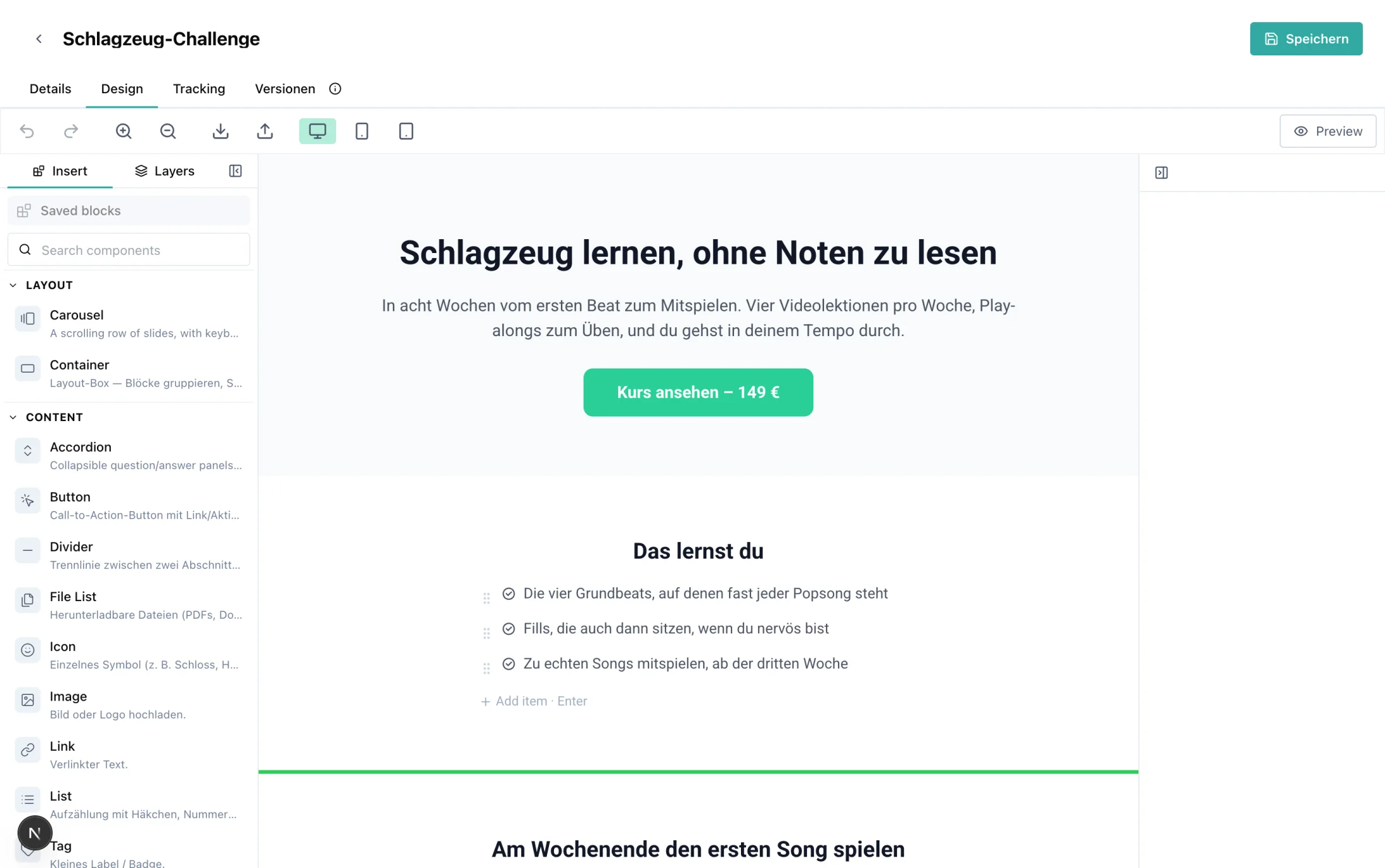 Der Seiten-Editor einer Landingpage im Dashboard: oben die Reiter Details, Design, Tracking und Versionen, darunter eine Werkzeugleiste mit Rückgängig, Wiederherstellen, Zoom, Import und Export sowie den Ansichten für Desktop, Tablet und Handy. Links die Spalte „Einfügen“ mit „Gespeicherte Blöcke“, einem Suchfeld und den nach Layout und Inhalt gruppierten Bausteinen Carousel, Container, Accordion, Button, Divider, File List, Icon, Image, Link, List und Tag, jeweils mit einer Zeile Erklärung. In der Mitte die Seite selbst als bearbeitbare Vorschau, rechts die Eigenschaften des ausgewählten Bausteins
