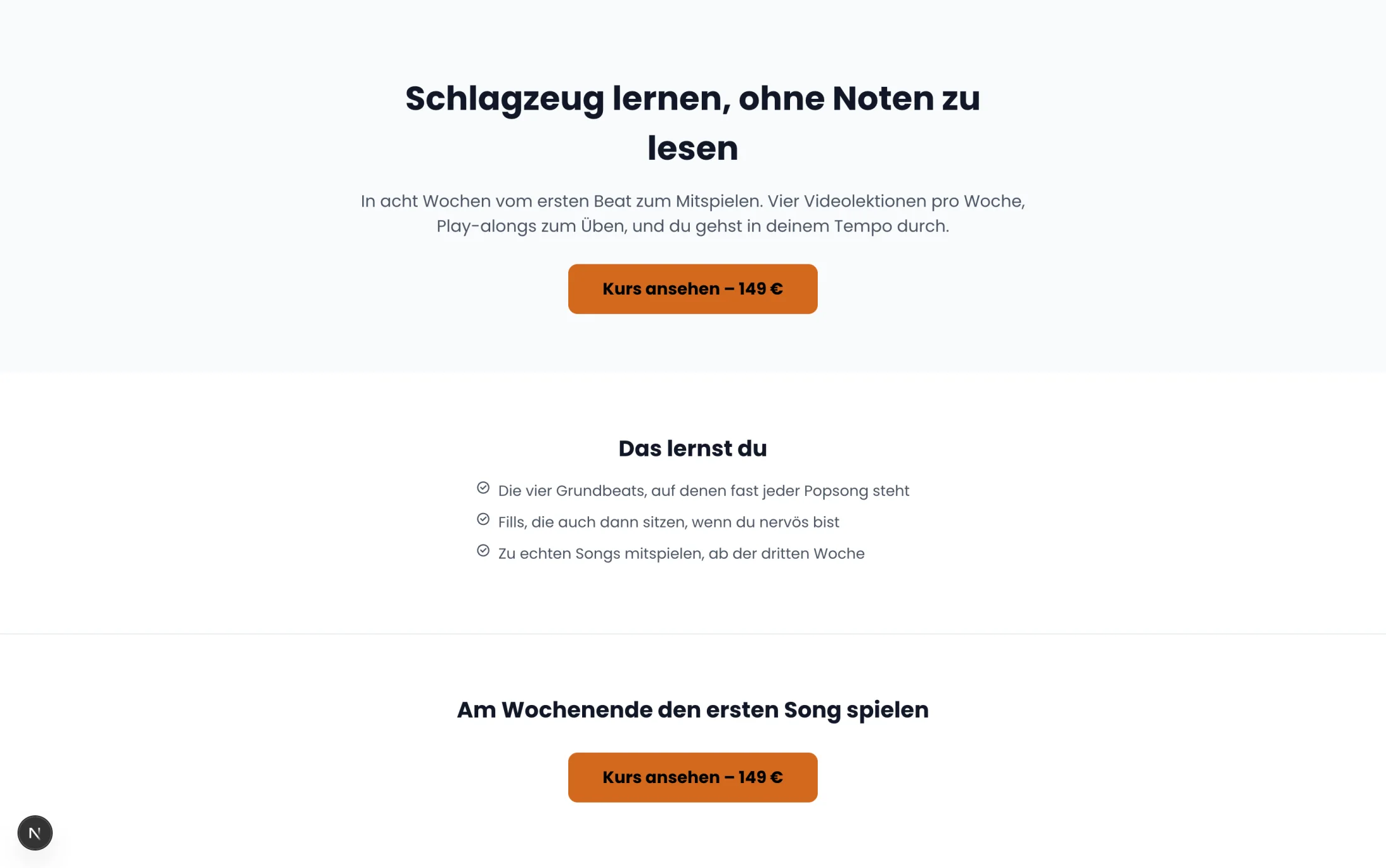 Eine veröffentlichte Landingpage des Shops „Rabbit Records“: die Überschrift „Schlagzeug lernen, ohne Noten zu lesen“, darunter ein erklärender Satz zum achtwöchigen Kurs und eine Schaltfläche „Kurs ansehen – 149 €“ in der Markenfarbe des Shops, darunter der Abschnitt „Das lernst du“ mit drei abgehakten Punkten und am Seitenende noch einmal Überschrift und Schaltfläche