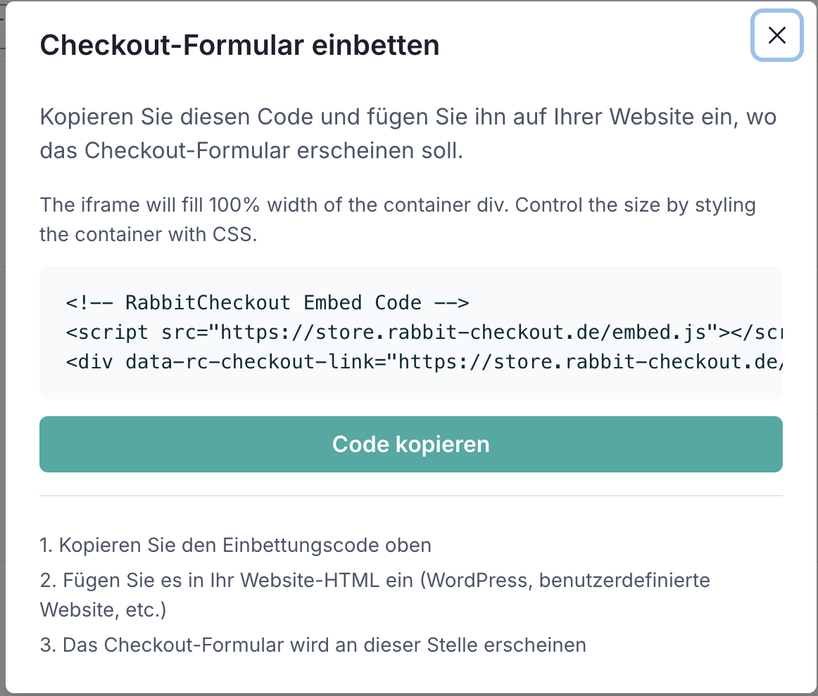 embeddedCode für Checkout Form