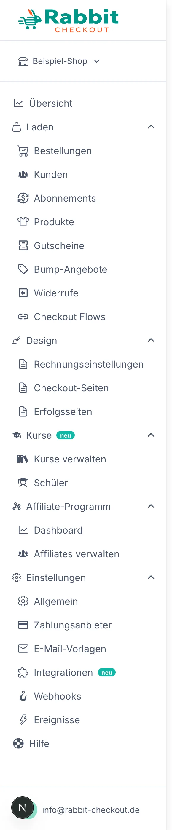 Seitenmenü des Dashboards mit den Gruppen Übersicht, Laden (Bestellungen, Kunden, Abonnements, Produkte, Gutscheine, Bump-Angebote, Widerrufe, Checkout Flows), Design (Rechnungseinstellungen, Checkout-Seiten, Erfolgsseiten), Kurse, Affiliate-Programm und Einstellungen (Allgemein, Zahlungsanbieter, E-Mail-Vorlagen, Integrationen, Webhooks, Ereignisse).