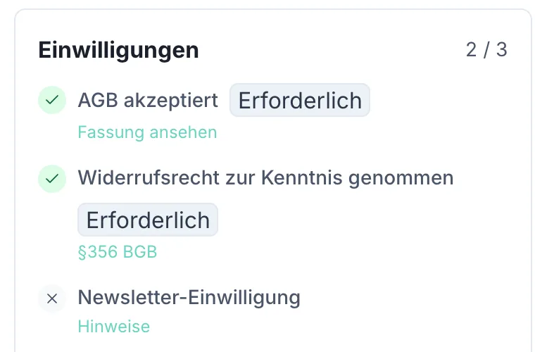 Der Block „Einwilligungen“ auf einer Bestelldetailseite mit dem Zähler 2 von 3. Angehakt sind „AGB akzeptiert“ mit dem Zusatz Erforderlich und dem Link „Fassung ansehen“ sowie „Widerrufsrecht zur Kenntnis genommen“ mit dem Vermerk § 356 BGB. Nicht angehakt ist „Newsletter-Einwilligung“.
