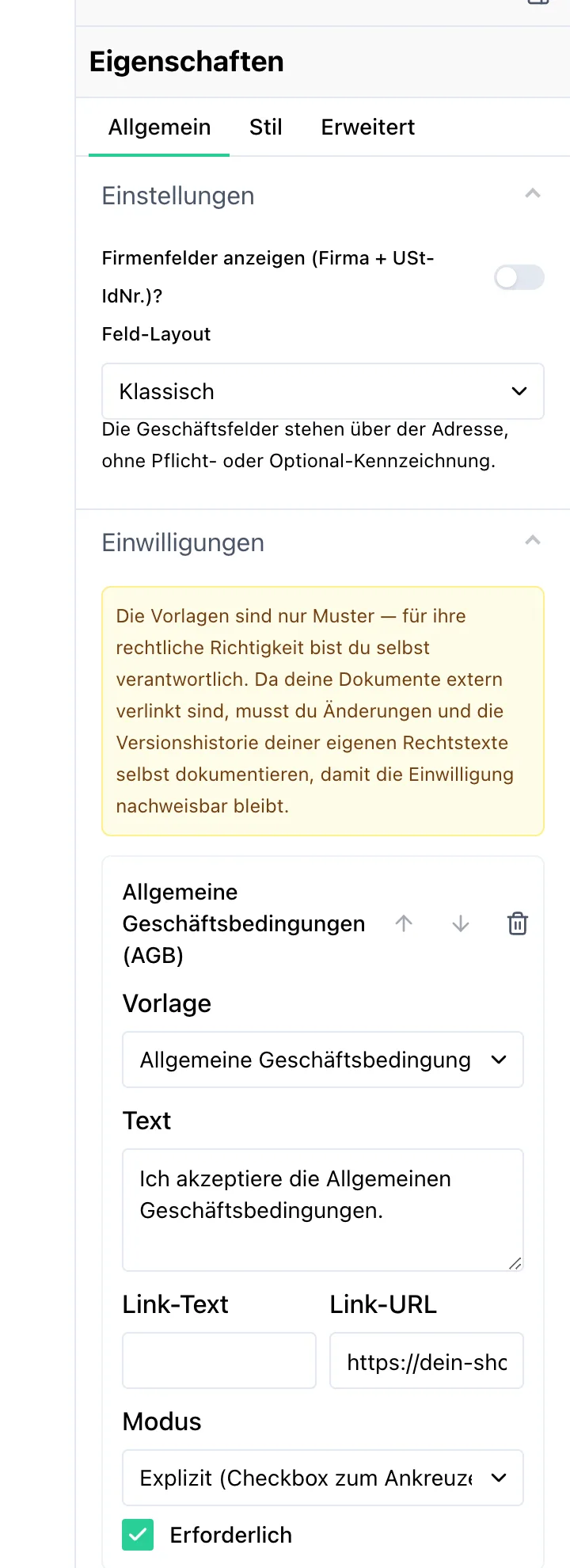 Eigenschaften-Panel des Page Builders mit dem Abschnitt „Einwilligungen“. Eine neu hinzugefügte Einwilligung steht auf der Vorlage „Allgemeine Geschäftsbedingungen (AGB)“ mit dem Text „Ich akzeptiere die Allgemeinen Geschäftsbedingungen.“, den Feldern Link-Text und Link-URL, dem Modus „Explizit (Checkbox zum Ankreuzen)“ und aktiviertem Schalter „Erforderlich“. Darüber die Einstellung Feld-Layout mit der Auswahl Klassisch.