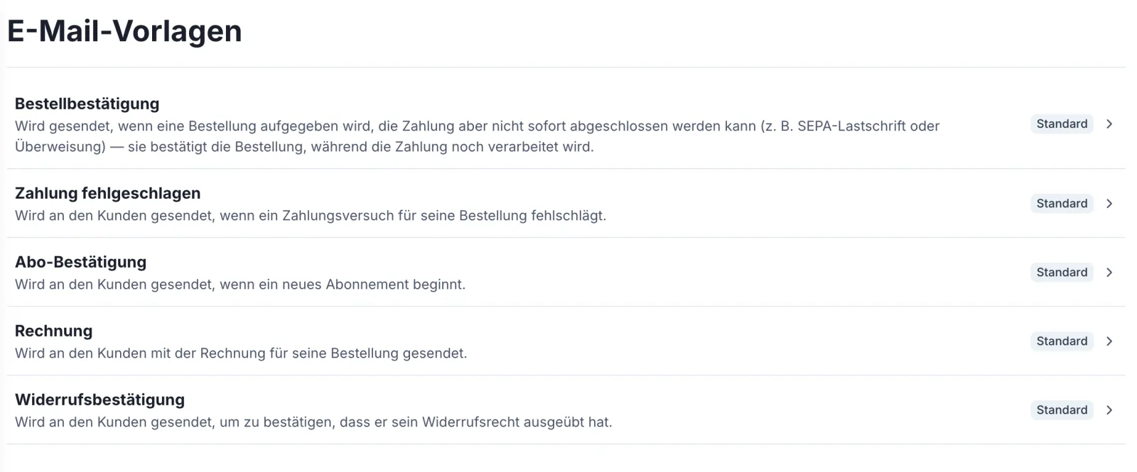 Die Seite „E-Mail-Vorlagen“ mit fünf Einträgen untereinander: Bestellbestätigung, Zahlung fehlgeschlagen, Abo-Bestätigung, Rechnung und Widerrufsbestätigung, jeweils mit einer Erklärung, wann sie verschickt wird, und rechts der Markierung „Standard“.