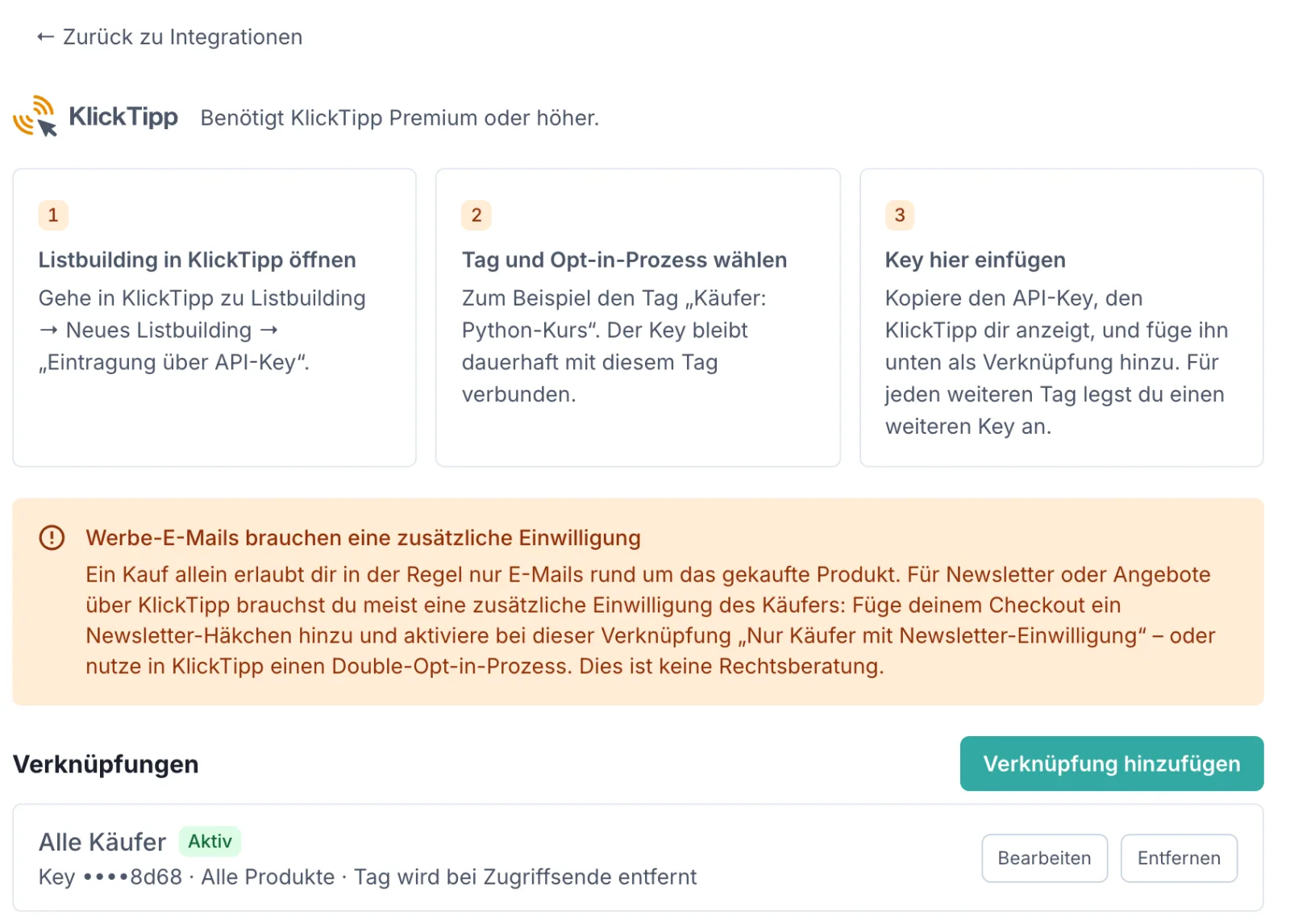 Die KlickTipp-Seite mit drei Schritten, dem Hinweis zur Einwilligung für Werbe-E-Mails und der Liste der Verknüpfungen