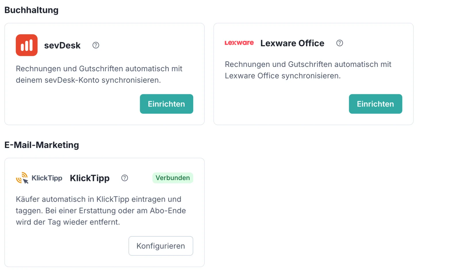 Die Seite Integrationen mit den Bereichen Buchhaltung (sevDesk, Lexware Office) und E-Mail-Marketing mit der Karte KlickTipp