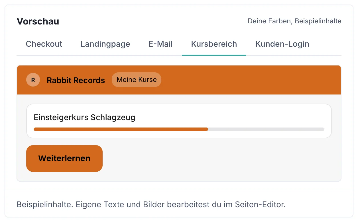 Die Vorschau im Reiter „Kursbereich": eine Kopfzeile in der Akzentfarbe mit den Initialen und dem Namen des Shops, darunter eine Kursübersicht mit Fortschrittsbalken und Lektionsliste in denselben Farben.