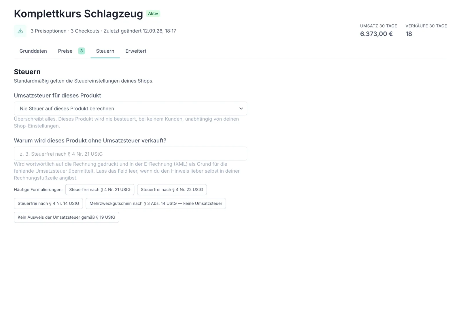 Der Abschnitt „Steuern" eines Produkts mit der Auswahl „Umsatzsteuer für dieses Produkt", den drei Möglichkeiten Steuereinstellungen des Shops verwenden, Immer einen festen Satz verwenden und Nie Steuer auf dieses Produkt berechnen, darunter der Bereich für Länder-Steuerüberschreibungen.
