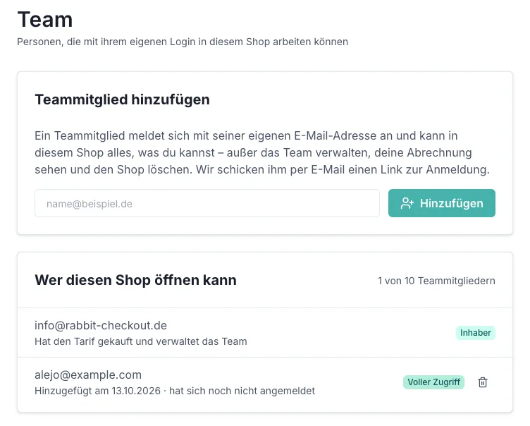 Die Seite „Team“ im Dashboard. Oben die Karte „Teammitglied hinzufügen“ mit dem Text „Ein Teammitglied meldet sich mit seiner eigenen E-Mail-Adresse an und kann in diesem Shop alles, was du kannst – außer das Team verwalten, deine Abrechnung sehen und den Shop löschen. Wir schicken ihm per E-Mail einen Link zur Anmeldung.“, einem Eingabefeld „name@beispiel.de“ und dem Knopf „Hinzufügen“. Darunter die Karte „Wer diesen Shop öffnen kann“ mit „1 von 10 Teammitgliedern“: info@rabbit-checkout.de mit dem Etikett „Inhaber“ und „Hat den Tarif gekauft und verwaltet das Team“, darunter alejo@example.com mit dem Etikett „Voller Zugriff“, „Hinzugefügt am 13.10.2026 · hat sich noch nicht angemeldet“ und einem Papierkorb-Symbol.